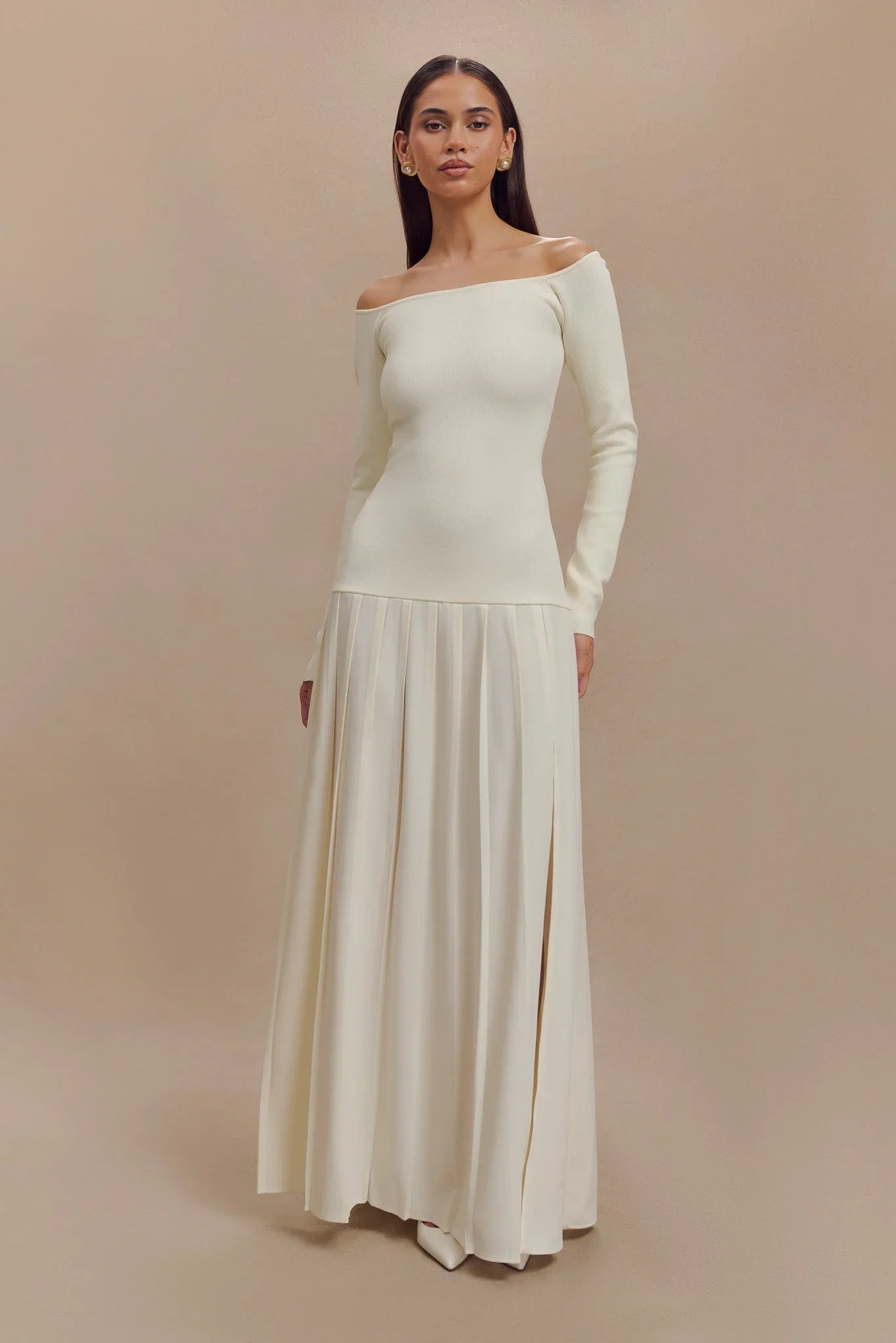 Strikket Off Shoulder Maxikjole - Elfenben