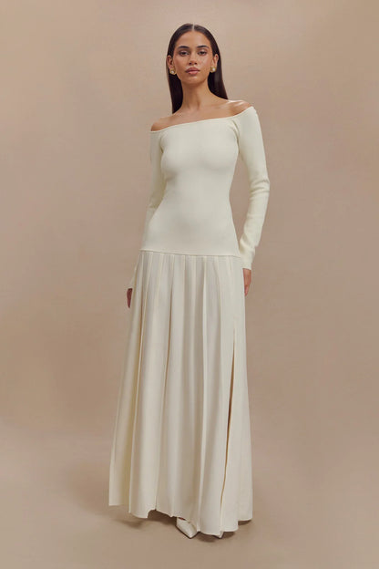 Strikket Off Shoulder Maxikjole - Elfenben