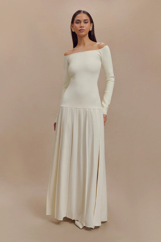 Strikket Off Shoulder Maxikjole - Elfenben
