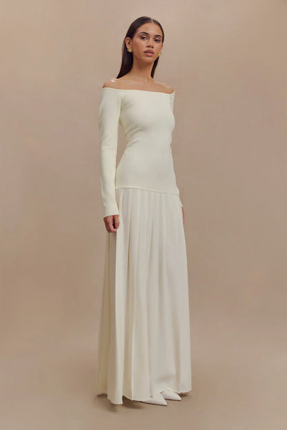 Strikket Off Shoulder Maxikjole - Elfenben