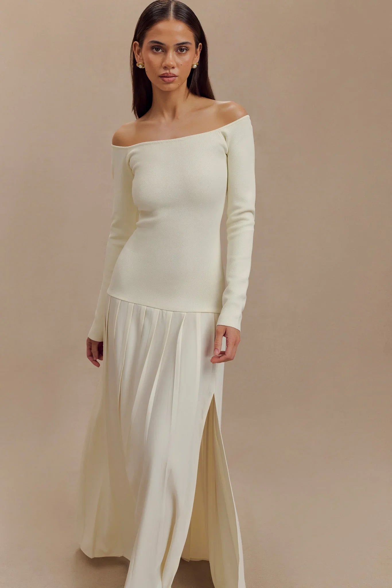Strikket Off Shoulder Maxikjole - Elfenben