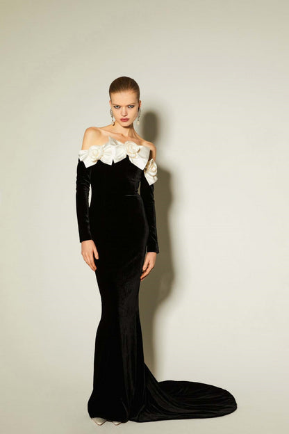Lara Bowtie Off-shoulder maxikjole i fløjl